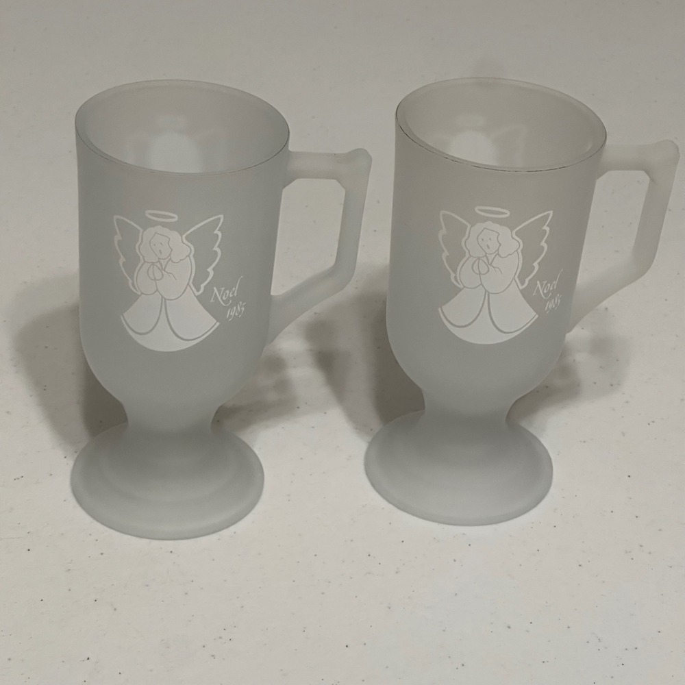 Vintage Noel 1985 Angel Frosted Glass Footed Pedestal Irish Coffee Mug Set of 2